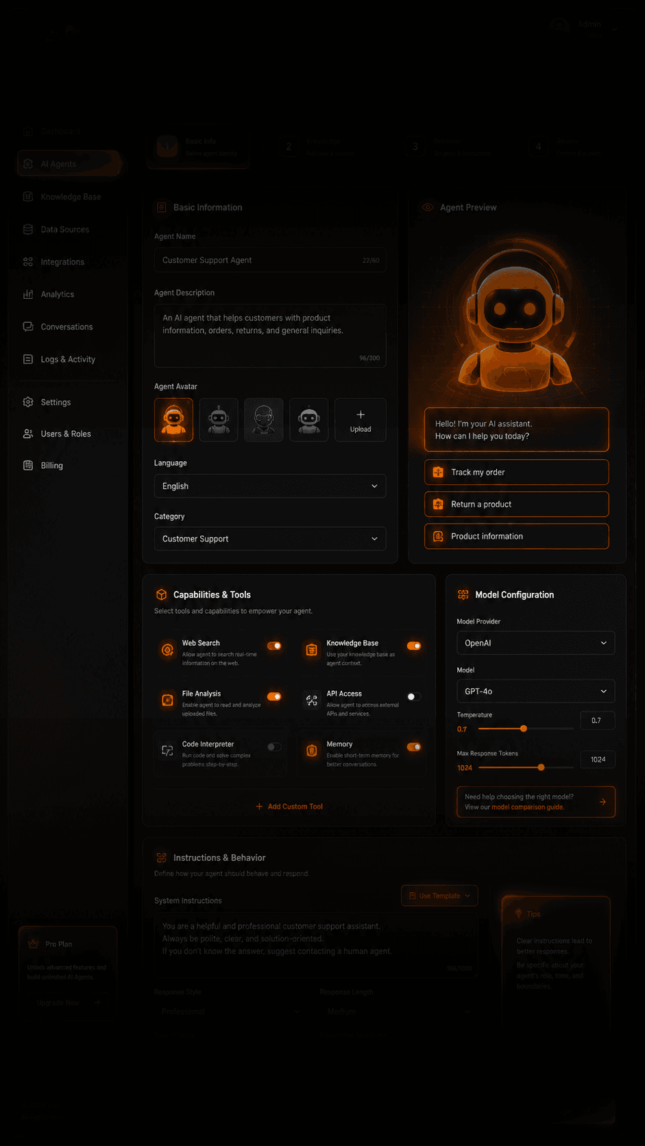 Agent builder form with a live agent preview
