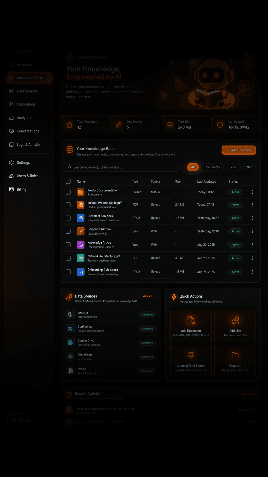 Knowledge Base screen listing uploaded documents and connected data sources
