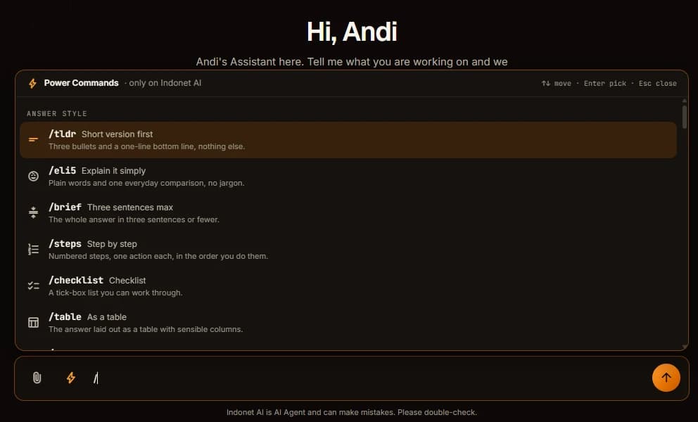 Menu power command di chat, terbuka setelah mengetik garis miring, berisi perintah bergaya jawaban dengan keterangan singkat masing-masing.