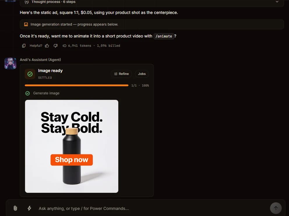 Permintaan /staticad mengubah foto botol sebelumnya jadi iklan persegi dengan headline Stay Cold. Stay Bold.