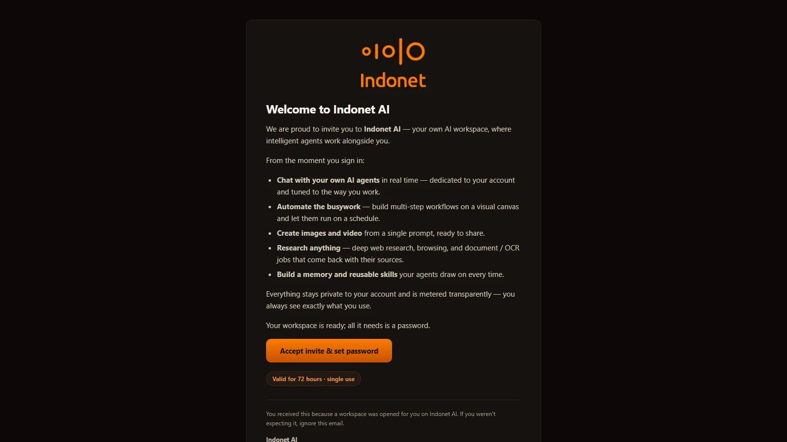 Email undangan: Welcome to Indonet AI, daftar hal yang bisa Anda lakukan, dan tombol Accept invite & set password.
