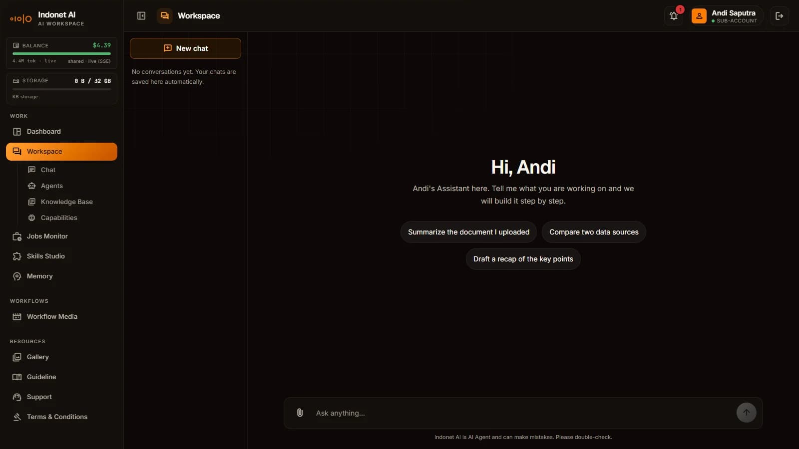 Workspace Sub-Account baru: sapaan dari Andi's Assistant, saran prompt, dan sidebar tanpa bagian Administration.