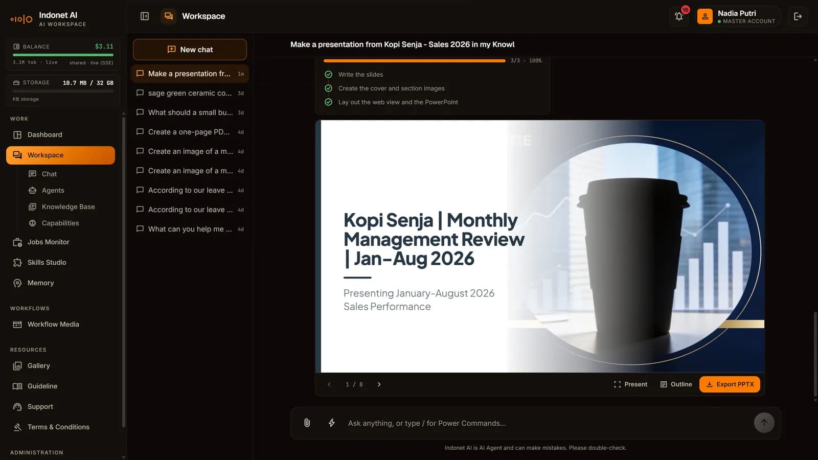 Presentasi jadi di chat: slide sampul laporan penjualan jaringan kedai kopi, dengan tombol Present, Outline, dan Export PPTX di bawahnya.